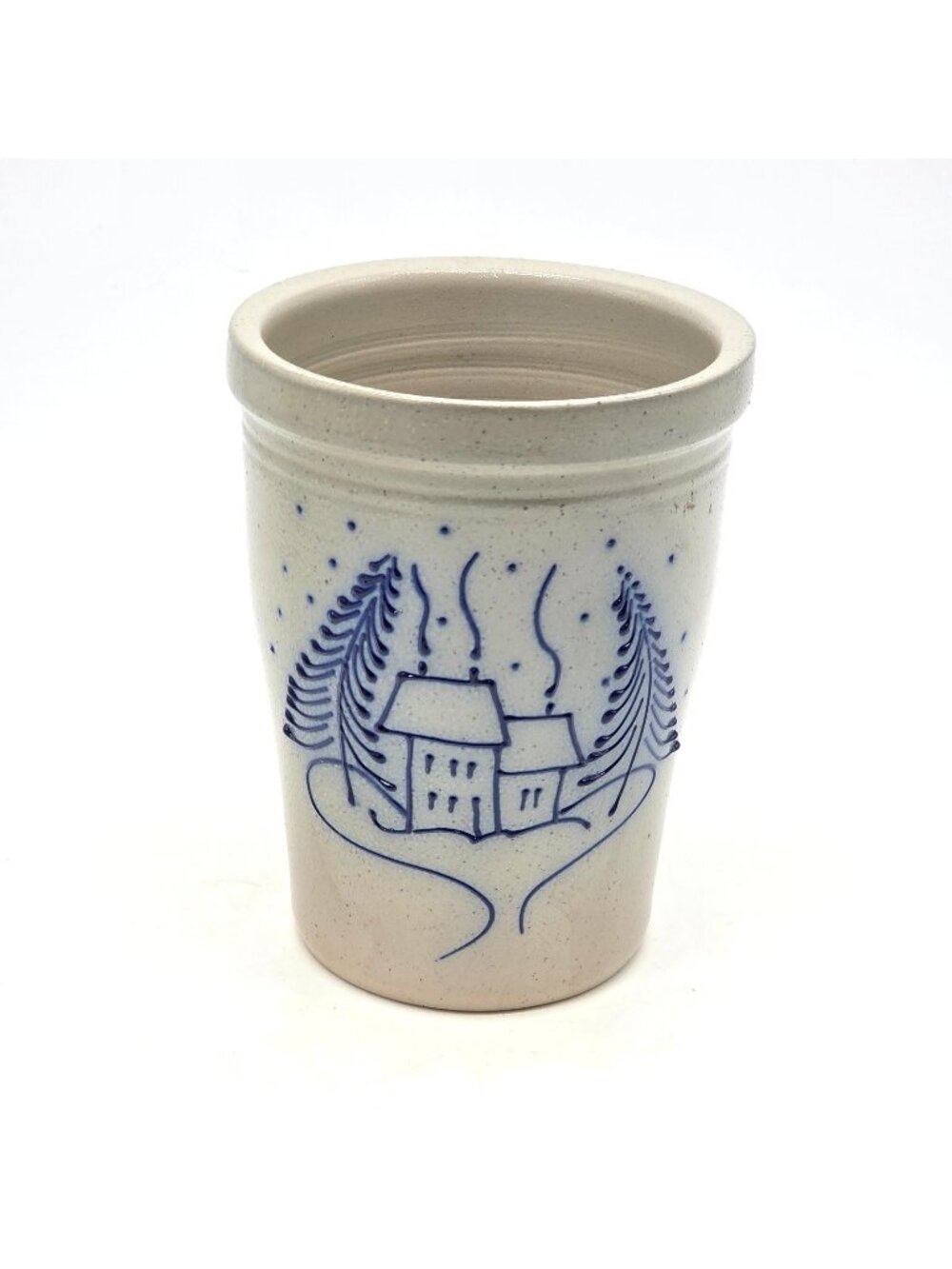 Eldreth Salt Glaze Pottery Vase Crock House Trees 6 in Blue 1996 PA Folk Art VTG